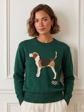 Lauren Ralph Lauren Dark Green Knit Sweater with Dog Motif